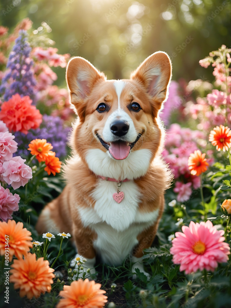 Happy domestic corgi dog in a blooming garden of a country house Happy domestic corgi dog in a blooming garden of a country house