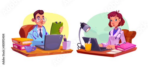 Man doctor on hospital desk with computer vector. Medical office care with female character for checkup on laptop and consult online. Telehealth examination in healthcare room for diagnosis research © klyaksun