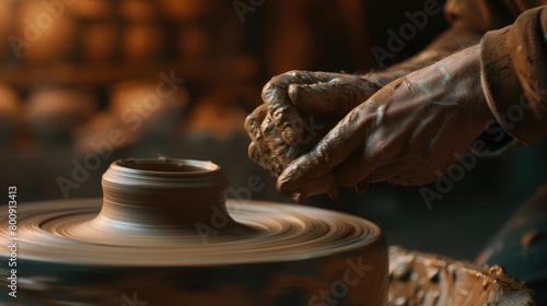 A captivating image of a potter molding clay on a spinning wheel, showcasing the craftsmanship and creativity of pottery on National Creativity Day. photo