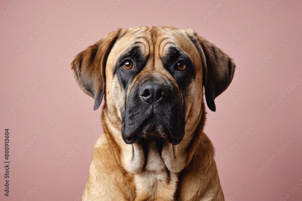 Portrait of Spanish Mastiff dog looking at camera, copy space. Studio shot.