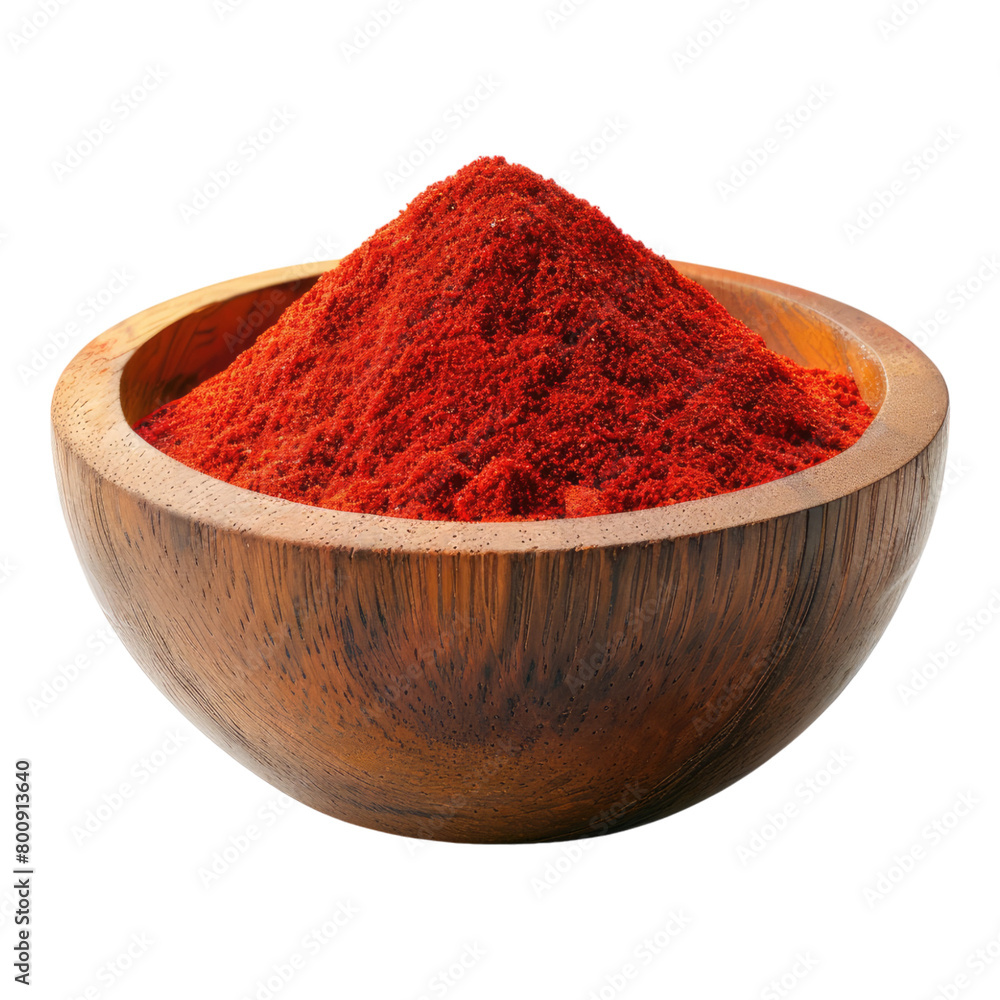 Red chili powder in a wooden bowl isolated on transparent background Red chili powder in a wooden bowl isolated on transparent background