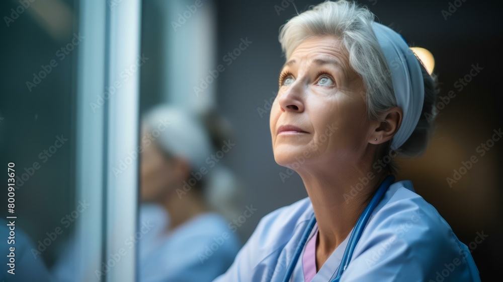 Portrait of a thoughtful senior female doctor looking up