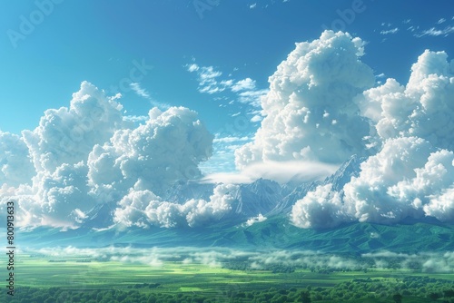 Green mountains under a blue sky and white clouds