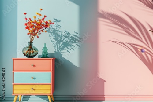 A colorful dresser sits in front of a colorful wall