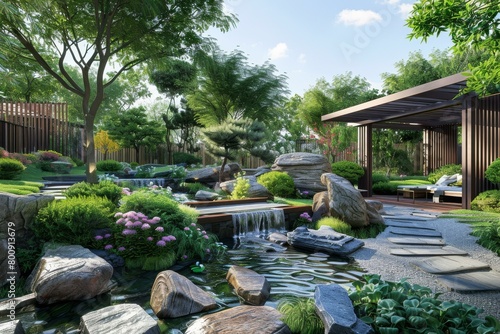 A beautiful garden with a waterfall and a pavilion