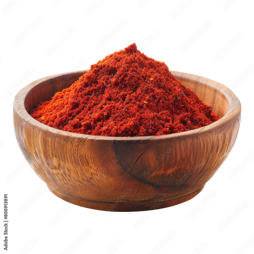 Red chili powder in a wooden bowl isolated on transparent background