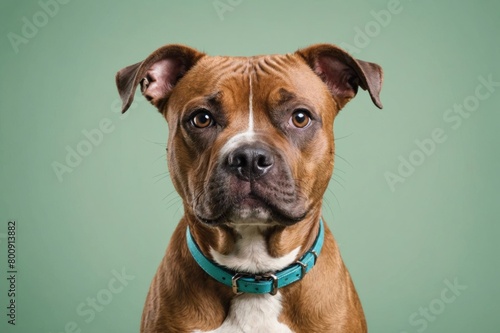 Portrait of Staffordshire Bull Terrier dog looking at camera, copy space. Studio shot.