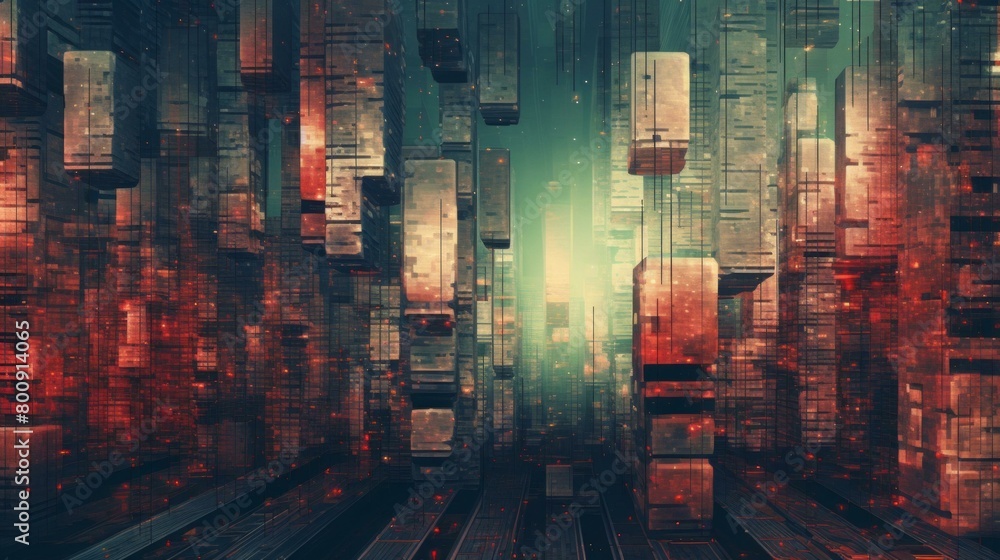 Illustration of a futuristic city with skyscrapers made of glowing red and green blocks Illustration of a futuristic city with skyscrapers made of glowing red and green blocks