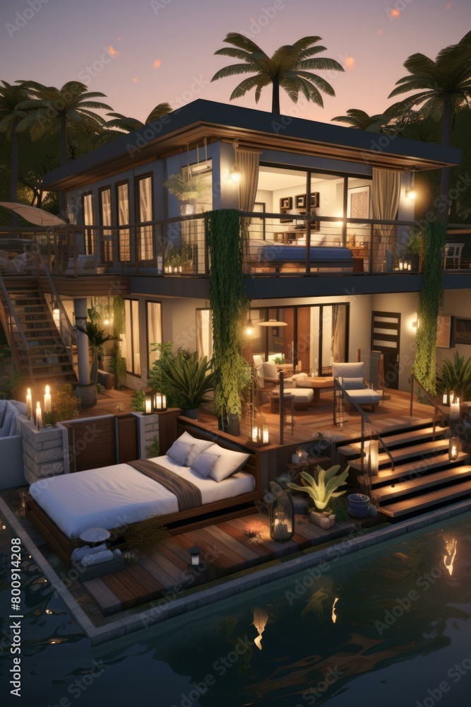 Fototapeta premium A modern house with a pool and a deck surrounded by palm trees