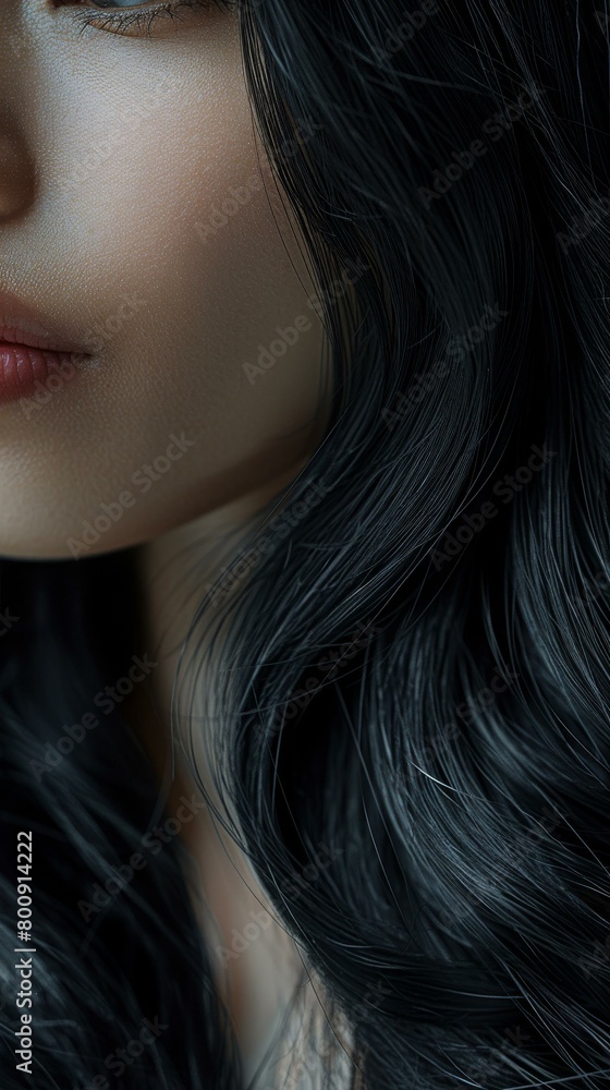 A closeup of a woman's face with long black hair
