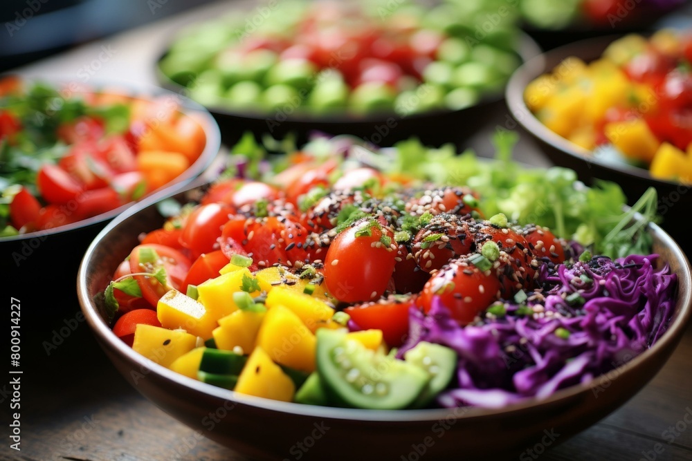 Various ingredients in wooden bowls for preparing healthy salad Various ingredients in wooden bowls for preparing healthy salad
