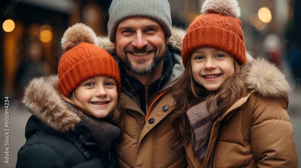 Fototapeta premium Father and daughters wearing winter clothes