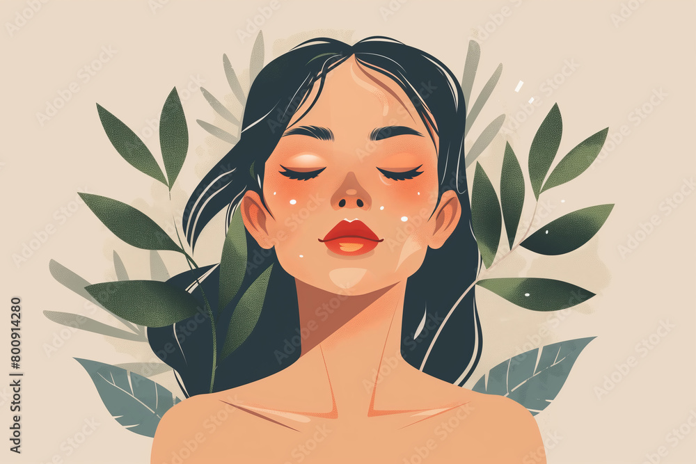 A female model is shown with her eyes closed, surrounded by various green leaves. Femininity, self-care, natural female beauty A female model is shown with her eyes closed, surrounded by various green leaves. Femininity, self-care, natural female beauty