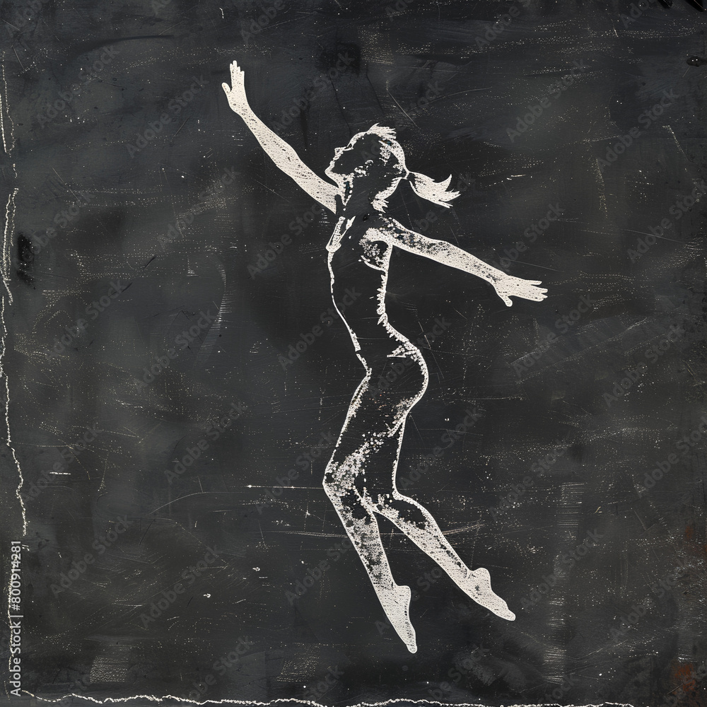 Energetic Chalk Dancer in Leap, Vibrant Movement on Dark Surface