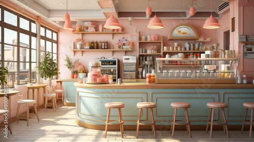 Dreamy Pink Cafe Interior With Large Windows