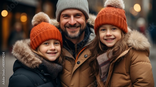 Father and daughters wearing winter clothes