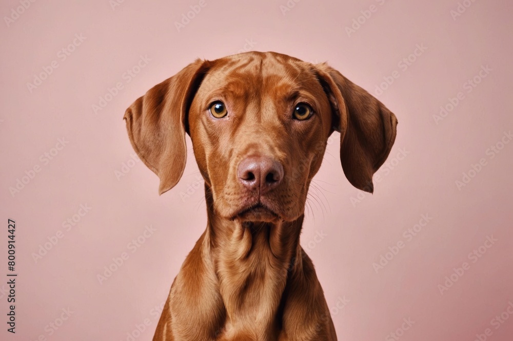 Portrait of Vizsla dog looking at camera, copy space. Studio shot.