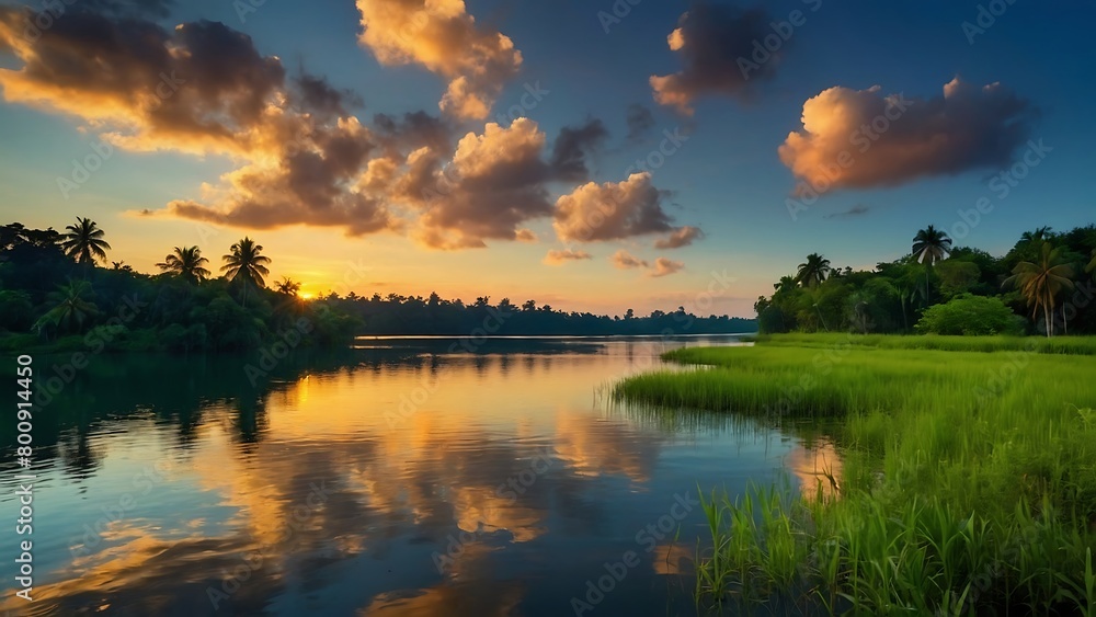 A sunset over a lake, with trees and plants in the foreground.