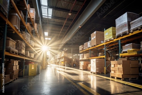 Warehouse with boxes on shelves and sunlight shining through the windows