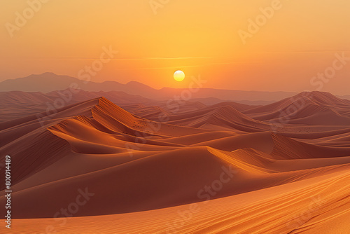 Serene sunset over endless sandy desert landscape