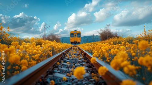 Yellow train passing through a field of yellow flowers