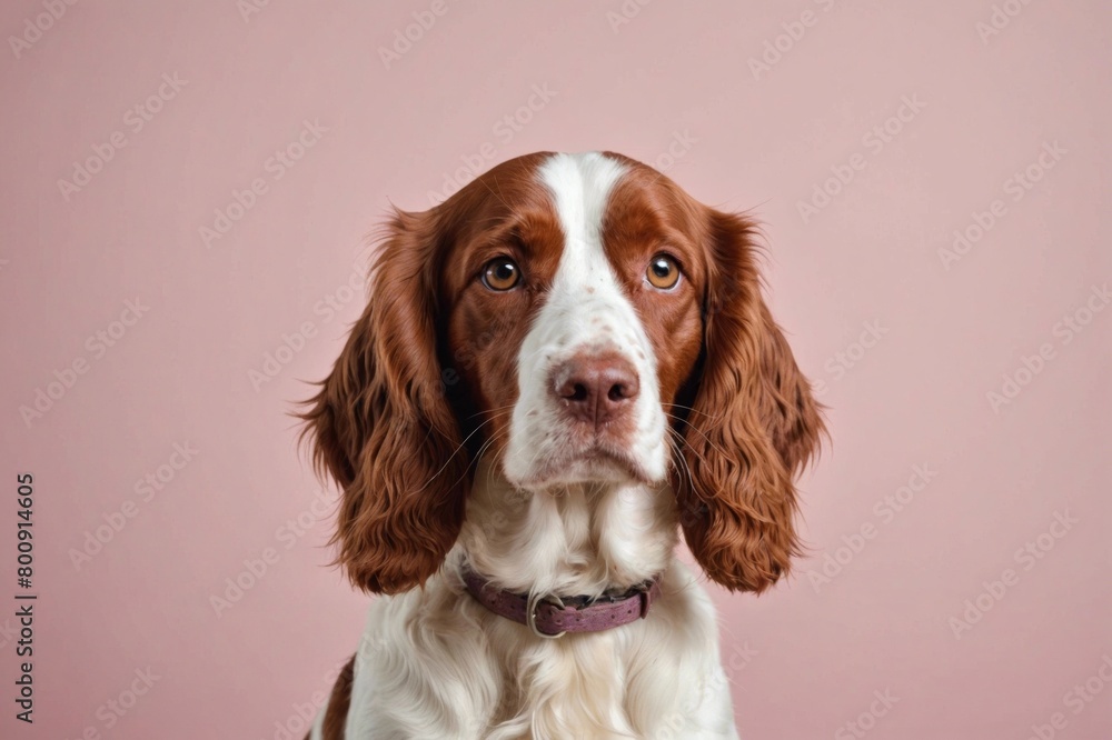 Portrait of Welsh Springer Spaniel dog looking at camera, copy space. Studio shot.