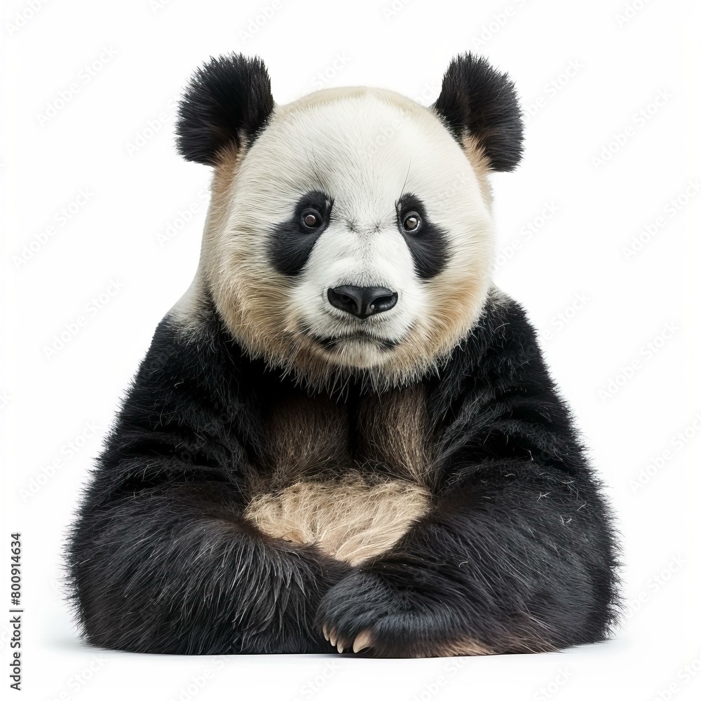 A giant panda bear sitting on a white background with its paws in its lap A giant panda bear sitting on a white background with its paws in its lap