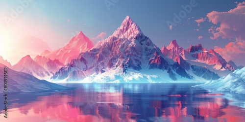 Fantasy landscape with pink mountains and blue lake photo
