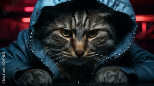 A cat wearing a blue raincoat with a hood © Adobe Contributor