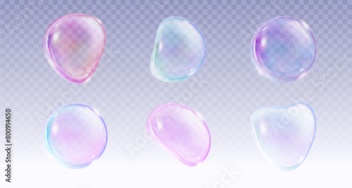 Transparent soap ball with pink, blue and purple iridescent gradient color. Realistic 3d vector illustration set of rainbow shampoo and wash foam sphere. Flying soapy glossy water irregular sphere.