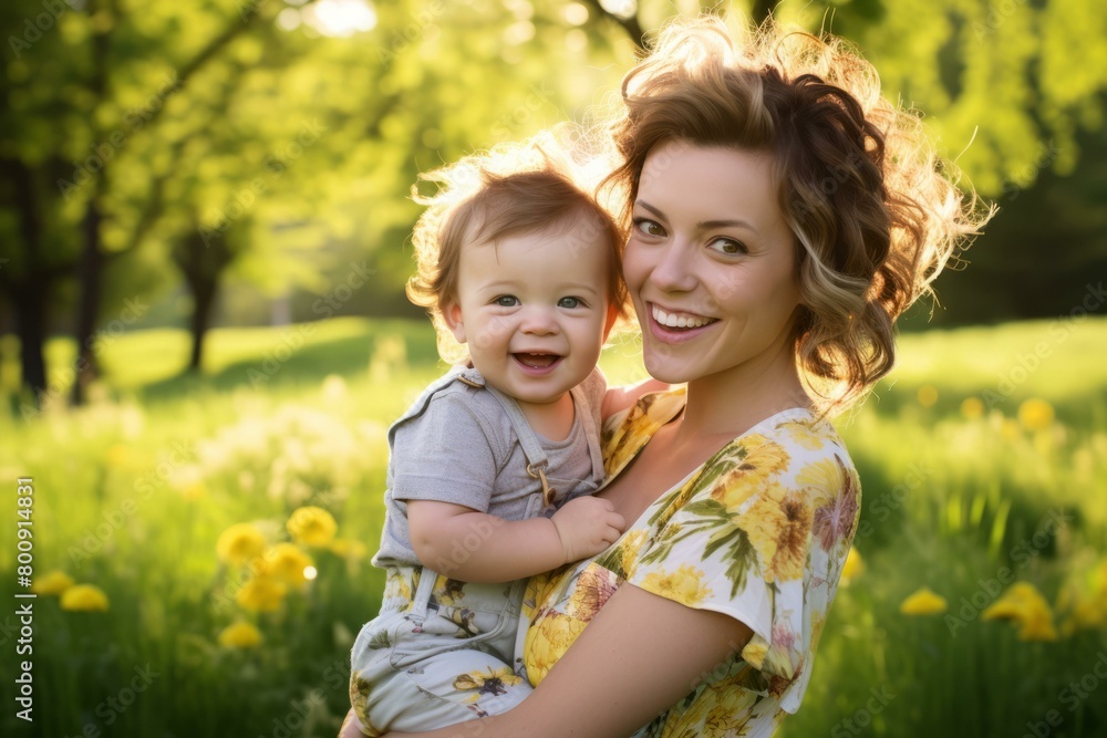 Happy mother and baby in a field of yellow flowers Happy mother and baby in a field of yellow flowers