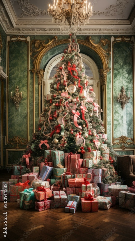A beautifully decorated Christmas tree stands in a grand hall.