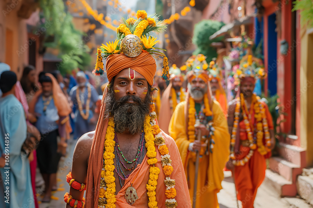 Colorful religious procession in vibrant Indian street