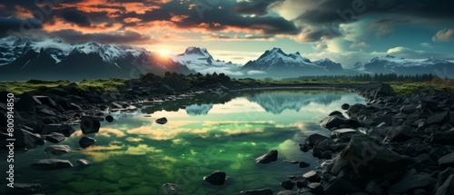 Mountains and lake landscape with vivid sunset sky