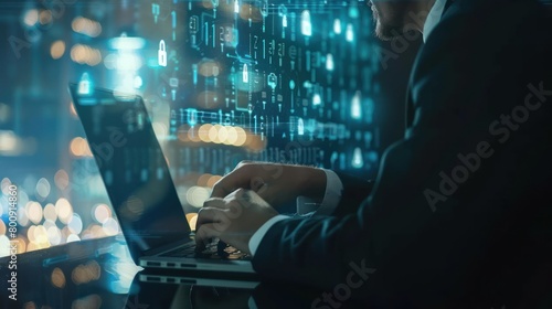 Businessman using laptop computer with digital padlock on internet technology networks,Data protection concept, AI generated image.