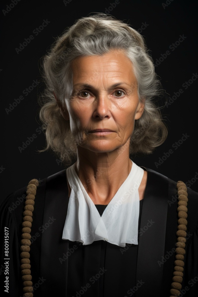 A gray-haired female judge in a black robe with a white collar A gray-haired female judge in a black robe with a white collar