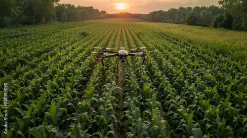 A drone is flying over a corn field to monitor the health of the plants.