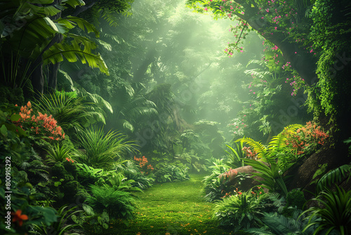 Enchanting tropical jungle with lush greenery and sunlight