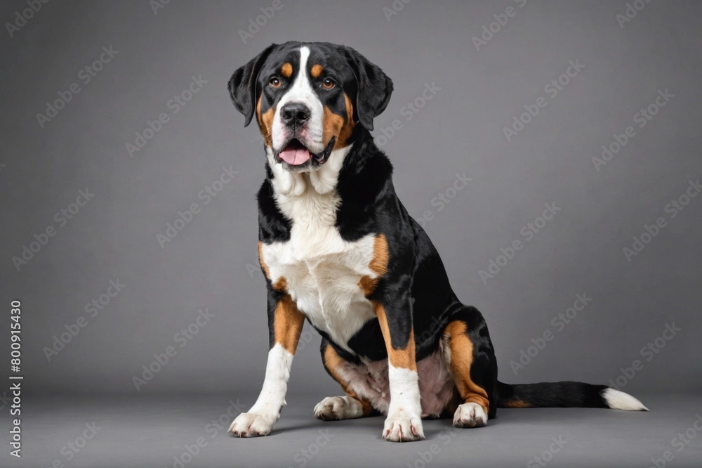 sit Greater Swiss Mountain Dog dog with open mouth looking at camera, copy space. Studio shot. sit Greater Swiss Mountain Dog dog with open mouth looking at camera, copy space. Studio shot.