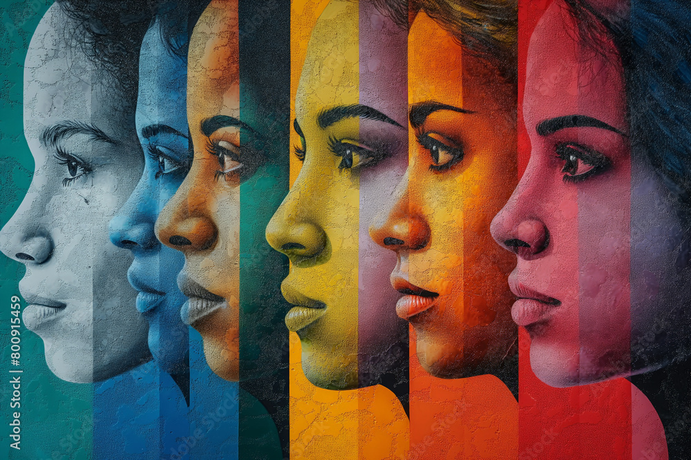 Obraz premium Vibrant multi-colored mural of women's profiles