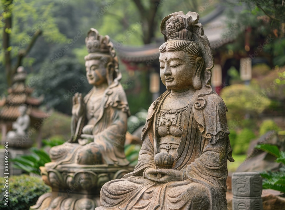 Two stone bodhisattvas in a garden