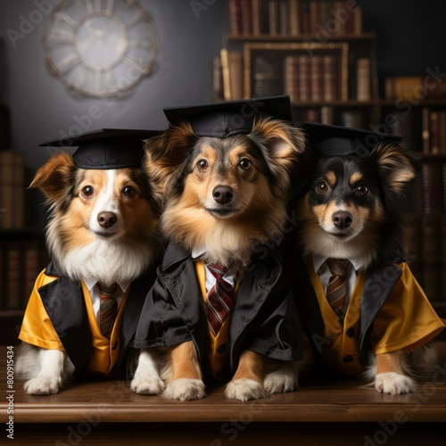 Three dogs in graduation caps and gowns photo