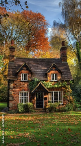 Small brick cottage in autumn forest with colorful trees