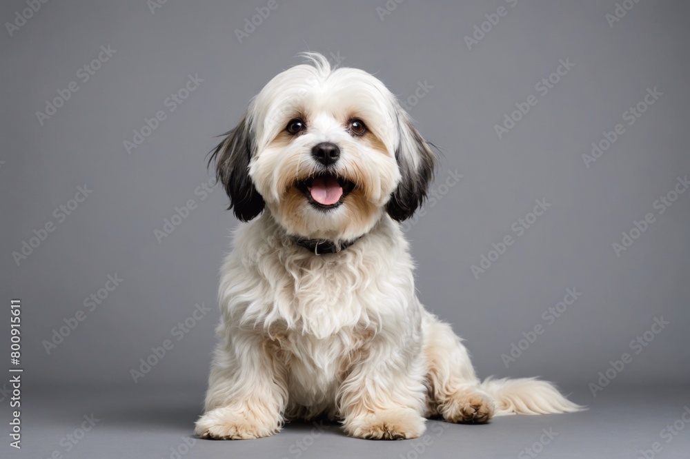 sit Havanese dog with open mouth looking at camera, copy space. Studio shot. sit Havanese dog with open mouth looking at camera, copy space. Studio shot.
