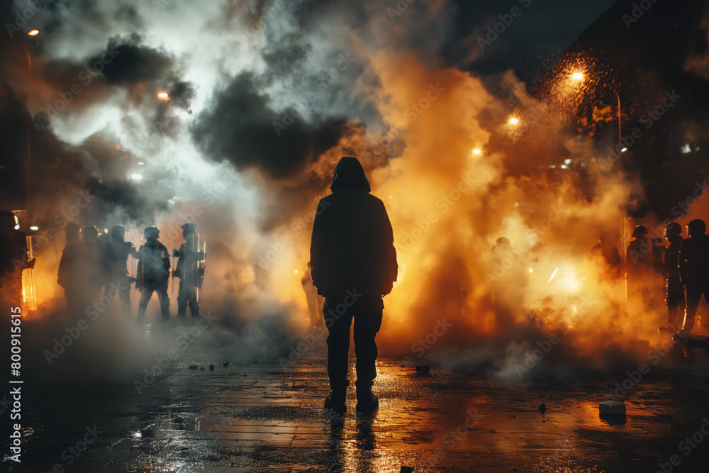 Silhouetted man facing riot police and smoke in urban scenario