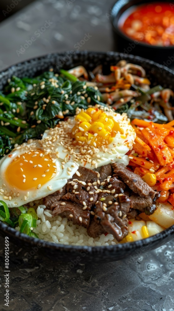 Korean food with rice, beef, egg and vegetables