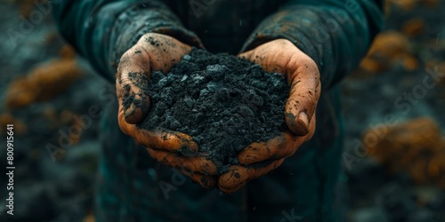Close-up of a farmer s hands holding a handful of rich black soil