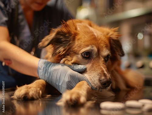 Close-up of a sad dog at the vet s office with a paw on a table as the vet holds its head in a comforting gesture