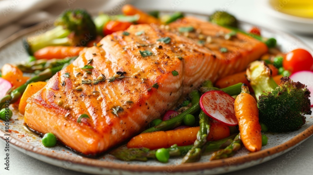 A plate of grilled salmon with vegetables A plate of grilled salmon with vegetables