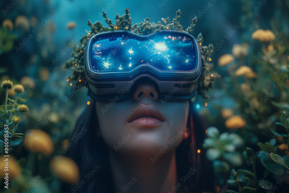 Woman explores cosmic scenery through virtual reality headset Woman explores cosmic scenery through virtual reality headset